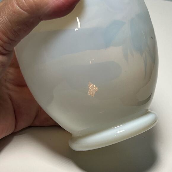 Vintage 40s White Opaline Glass Hand Painted Vase Blown Art Glass Floral - Picture 6 of 12